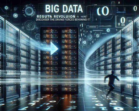 A high-definition, realistic image showcasing the theme 'The Big Data Revolution'. In the foreground, a vast array of servers glowing in the dark representing the physical aspect of data storage. In the background, a translucent overlay of 1s and 0s signifying the digital data. Include depictions of a driving force, perhaps in the form of quickly spinning gears or a person navigating through this sea of data. The caption 'The Big Data Revolution is Here! Discover the Driving Forces Behind it' is prominently displayed in bold, futurist typography.