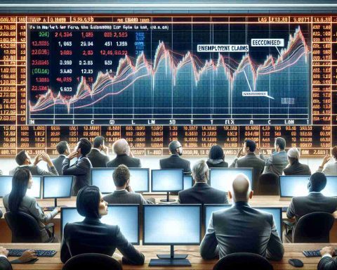 Visual representation of a stock market in turmoil due to a surge in unemployment claims. Depict the stock market data chart showing a sharp decrease, alongside headlines or ticker tapes summarizing the situation. Also include astonished investors, a mix of men and women with different descents such as Caucasian, Hispanic, and Black, witnessing the market's plunge on their computer screens or digital devices. Make sure the setting is an office like environment, possibly a trading floor, with collective expressions of shock and concern. Execute this in a realistic, high-definition art style.