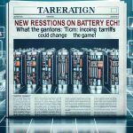 Create a realistic, high-definition image of a newspaper-style headline reading 'New Restrictions on Battery Tech: What You Need to Know! Incoming Tariffs Could Change the Game!'. The backdrop for the headline should be an array of advanced battery technology, showcasing their intricate construction and designs, with tariff signs looming over them.