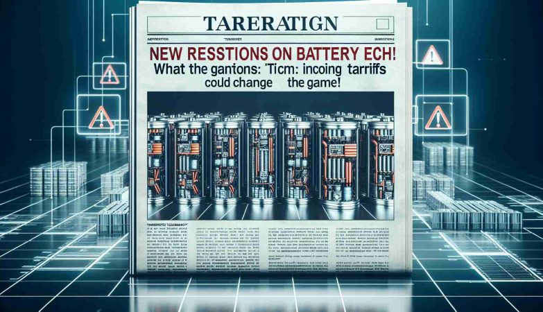 Create a realistic, high-definition image of a newspaper-style headline reading 'New Restrictions on Battery Tech: What You Need to Know! Incoming Tariffs Could Change the Game!'. The backdrop for the headline should be an array of advanced battery technology, showcasing their intricate construction and designs, with tariff signs looming over them.