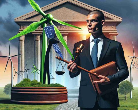 Generate a high definition, realistic image symbolizing the concept of investors taking legal action against a green energy company. This should be a vivid and dramatic scene, possibly featuring symbolic elements such as a suit-clad investor with a gavel in one hand and a legal document in the other, the green energy company symbolized as a wind turbine or solar panels and perhaps, in the background, courthouse steps.