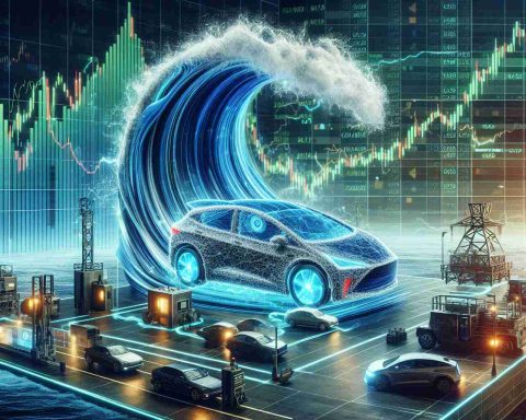 Visual representation of a metaphorical 'surge' implied by an unexpected increase in a non-specific electric vehicle company's stock. Depict this symbolic surge using a wave visualization, with elements of futuristic technology and innovation, and a focus on more than just cars. Include a background containing stock charts exhibiting a dramatic upward trend. The overall atmosphere should reflect optimism and advanced diversification