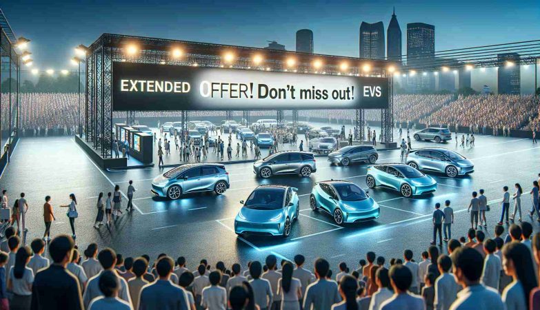 An HD image showcasing a promotional event for electric vehicles (EVs) by a renowned car manufacturing company. The scene displays a large outdoor venue with banners stating 'Extended Offer! Don't Miss Out!' Some of the brand's latest electric vehicle models are parked on display, gleaming under lights. The crowd comprises people of various descents and both genders, all showing interest in the EVs and engaging in discussions about them.