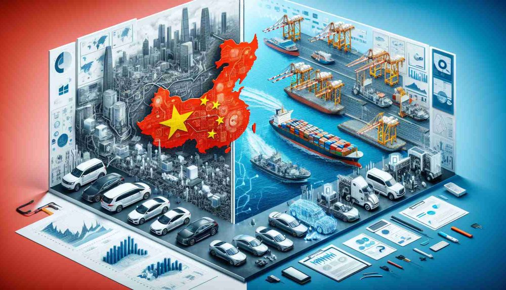 A detailed and realistic HD photograph showing symbolic representations of China's export strategy in the electric vehicle (EV) industry. Include visuals such as a Chinese map, electric cars, and shipping docks to display the scale of operations. Additionally, on the other side, depict western corporate firms with varying feelings of readiness, displayed through a variety of office settings, documents, and the tech they use. Use contrast and color to create a sense of two different worlds engaging in competition.