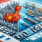 A detailed and realistic HD photograph showing symbolic representations of China's export strategy in the electric vehicle (EV) industry. Include visuals such as a Chinese map, electric cars, and shipping docks to display the scale of operations. Additionally, on the other side, depict western corporate firms with varying feelings of readiness, displayed through a variety of office settings, documents, and the tech they use. Use contrast and color to create a sense of two different worlds engaging in competition.