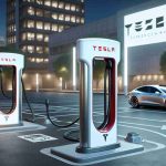 A high definition, realistic depiction of Tesla Superchargers, presented as a revolutionary contribution to the evolution of wireless charging technology. The Superchargers should appear as sleek, stand-alone pillars emplaced in a public charging station. The unique design features such as the Tesla logo and the proprietary connectors should be distinctly visible. The environment around the Superchargers should emanate a vibe of technological advancement, with implied wireless operations.