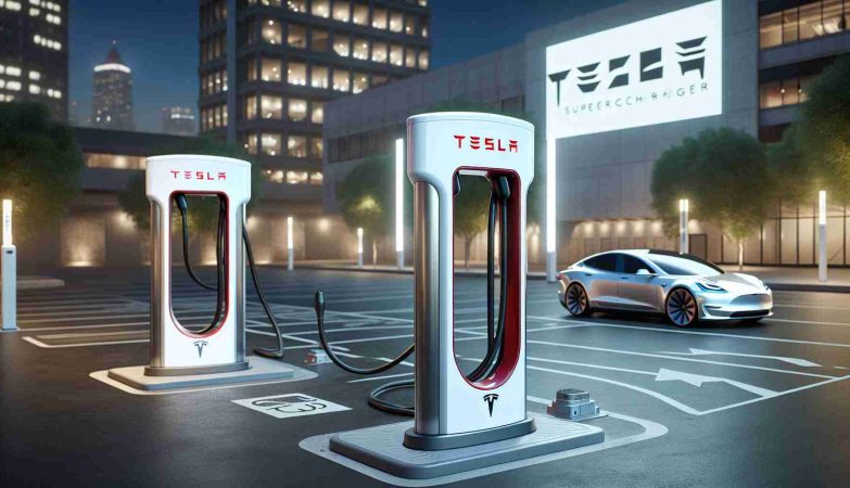 A high definition, realistic depiction of Tesla Superchargers, presented as a revolutionary contribution to the evolution of wireless charging technology. The Superchargers should appear as sleek, stand-alone pillars emplaced in a public charging station. The unique design features such as the Tesla logo and the proprietary connectors should be distinctly visible. The environment around the Superchargers should emanate a vibe of technological advancement, with implied wireless operations.