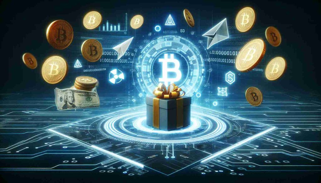 Create a highly detailed and realistic rendering of the concept of a 'cryptocurrency surprise' delivered by a well-known and credible digital financial platform. The image should symbolically represent the anticipated future of digital finance, potentially including elements such as advanced technology interfaces, binary codes, futuristic money symbols, and an overarching sense of excitement and unpredictability.