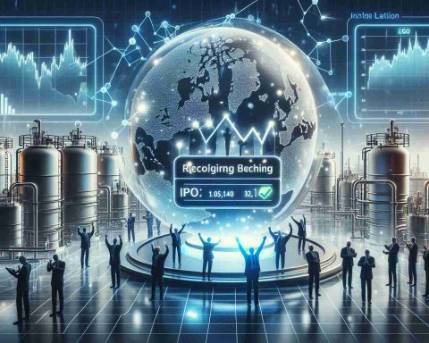 A hyper-realistic, high-definition illustration displaying a corporate milestone in the energy sector, emphasizing the idea of a record-breaking initial public offering (IPO) in the liquefied natural gas (LNG) industry. The scene could include business people celebrating, stock market tickers showing strong performance, and symbolic representations of energy production, such as gas pipelines, LNG tanks, or a stylized globe with interconnected lines signifying the global nature of the industry.