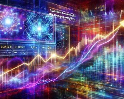 A vivid, high-definition image illustrating the concept of a stock surge, inspired by groundbreaking advancements in quantum computing. The artwork should be featuring a composite of elements, such as a rising line chart overlayed on a dynamic backdrop portraying quantum particles and computational matrices. Also, include a digital display ticker showing soaring stock prices and the words 'Quantum Computing Breakthroughs Are Changing Everything' in bold, impactful letters.