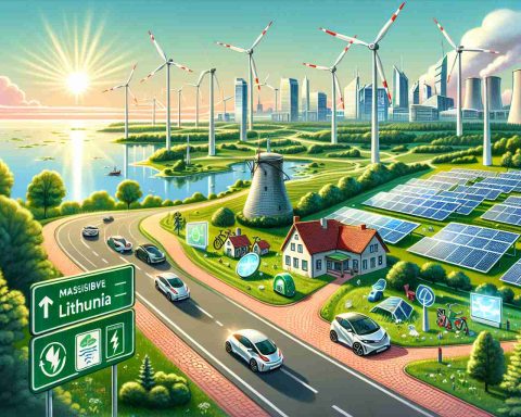 Illustration of a sustainable, green energy scene reflecting a significant investment in Lithuania's future. This includes large scale wind turbines amongst beautiful Lithuanian countryside, solar panels gleaming under the Baltic sun, and electric vehicles running on smooth roads. In the foreground, there is a signpost that reads 'Massive Green Energy Investment Ahead'. In the backdrop, the city skyline is visible, dominated by modern, sustainable buildings. The scene captures a future possible by a transformation led by Lithuania towards green and sustainable energy.