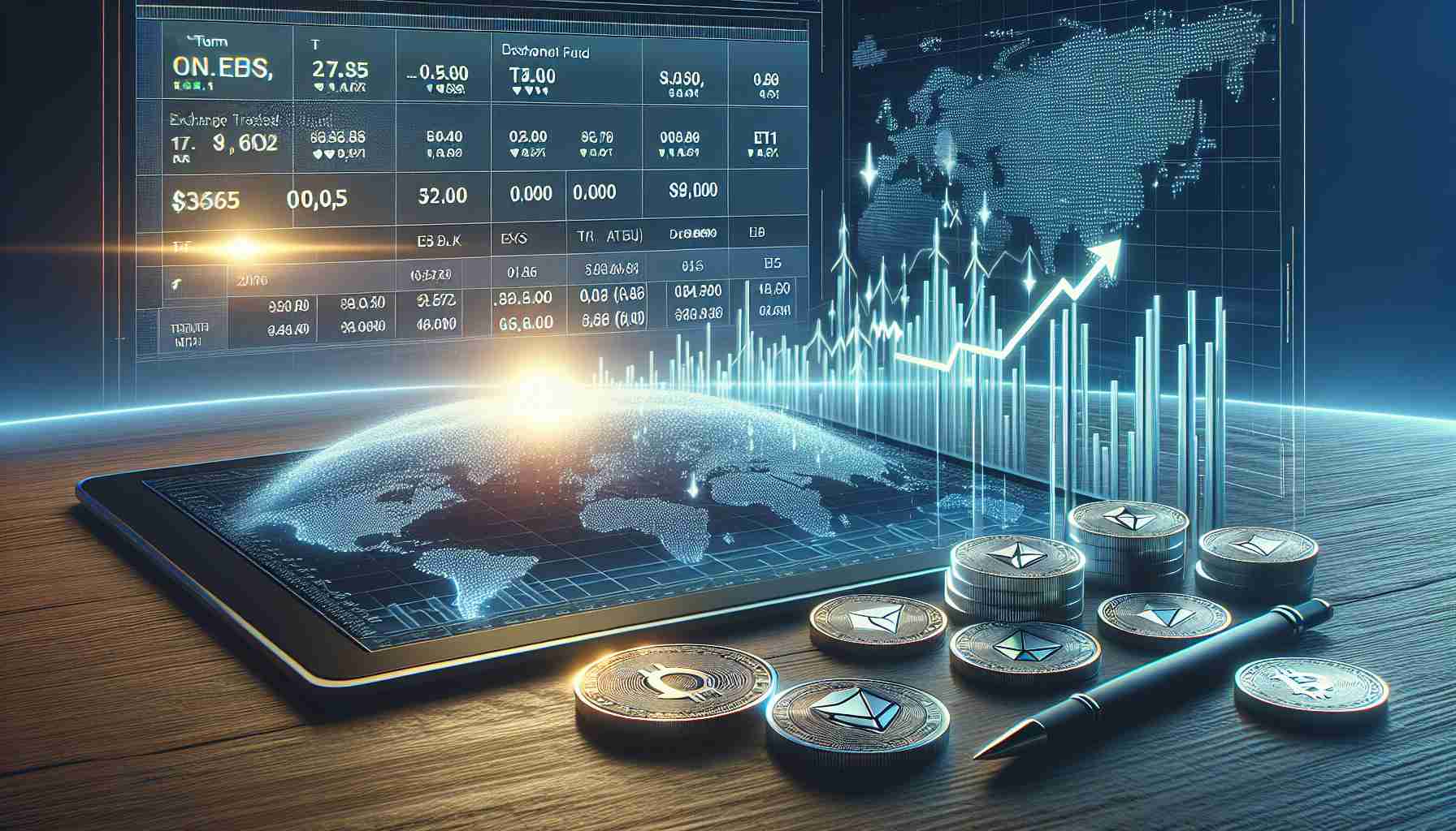 Create a realistic and high-definition image representing the concept of the future of cryptocurrency investments. In the foreground, detail the scene of a digital display or stock market ticker showcasing an ETF (exchange traded fund), with a specific focus on 'QTUM'. In the background, there should be a rise of digital coins along a horizon, symbolizing potential growth in the future. The aesthetic should be modern and digital, revolving around themes of finance and advancement.