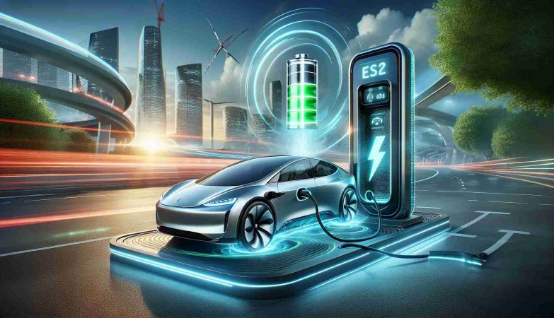 A high-definition, realistic portrayal of a cutting-edge advancement in electric vehicle charging technology. The scene displays an ultra-fast wireless charging system with sleek, futuristic design elements. The electric car is being powered wirelessly, showcasing its battery indicator increasing rapidly, manifesting the speed of this new technology. The ambience is of a modern, green and technologically advanced city in the background, under a clear, blue sky. The image embodies the vision of a revolutionized, sustainable future for transportation.