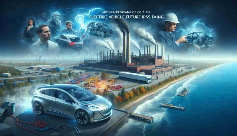 Create a realistic, high-definition image that portrays the concept of Michigan's dreams of an electric vehicle future possibly fading. Incorporate elements that suggest jobs in the EV industry are at risk, such as closed factories, abandoned electric vehicle designs, or people looking worried in a work setting related to the electric vehicle industry.