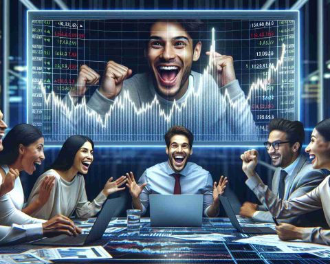 Create a realistic high-definition image portraying a stock market scenario with a few investors of various descents – a Hispanic woman and a South Asian man amongst them – enthusiastically discussing a certain stock. Show a digital stock market chart on a large screen in the background, highlighting a particular stock line which indicates a significant growth of 7.9%, generating excitement among them.