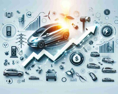 Create a high-definition visual representation of the concept of transforming an investment over time, focusing on the specific example of a theoretical electric vehicle company's growth. Depict a graph indicating an upward trajectory, as well as symbols associated with innovation, such as modern, sleek electric vehicles, charging stations, and renewable energy infrastructures.