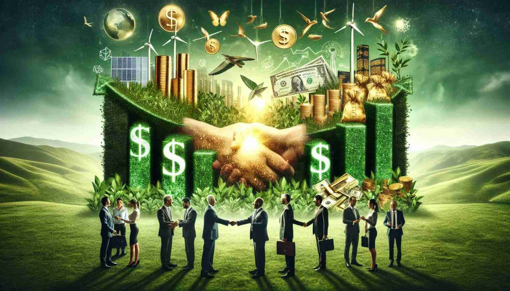 Create a realistic, high-definition image showcasing the concept of 'Transforming Investments for a Greener Future.' Incorporate a few symbols of investment such as dollar signs, gold bars, or stock market graphs, all being transformed into eco-friendly symbols like trees, wind turbines, and solar panels. Also depict the pioneering spirit of major partnerships with the image of a diverse group of corporate people shaking hands amidst this green transformation, signifying collaborative stewardship and the leading of the charge towards sustainability.