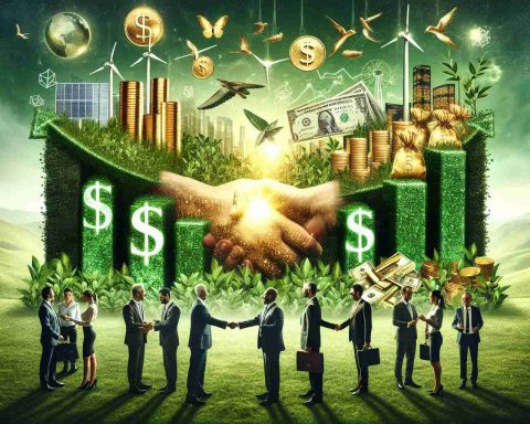 Create a realistic, high-definition image showcasing the concept of 'Transforming Investments for a Greener Future.' Incorporate a few symbols of investment such as dollar signs, gold bars, or stock market graphs, all being transformed into eco-friendly symbols like trees, wind turbines, and solar panels. Also depict the pioneering spirit of major partnerships with the image of a diverse group of corporate people shaking hands amidst this green transformation, signifying collaborative stewardship and the leading of the charge towards sustainability.