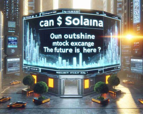 High-definition realistic image of the statement 'Can Solana Outshine Major Stock Exchanges? The Future of Finance is Here' on a digital display board with a background showing a futuristic city housing main financial and stock institutions.