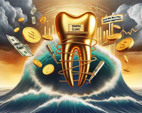 Create a high definition, realistic image that visually represents the concept of surge ahead. There should be a symbolic representation of a dental clinic, perhaps in a golden color, indicating success and opportunity. To depict the 'market storm' aspect, include a powerful tempest with bills, coins and financial charts swirling within it. Complement all this with a banner or headline written in catchy, bold letters, reading: 'Laxmi Dental IPO Takes the Market by Storm! Don’t Miss This Golden Opportunity.'