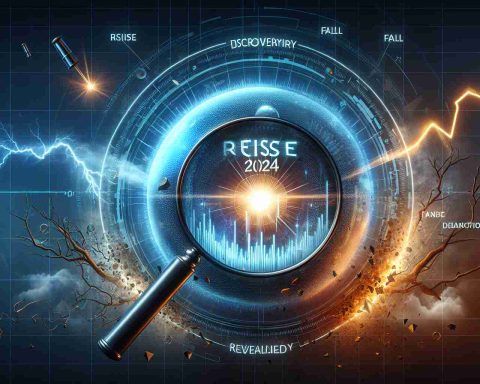 Generate a futuristic, realistic high-definition image portraying the concepts of 'rise' and 'fall', symbolically representing the progress of a general unspecified company from the year 2024. Surround these concepts with elements that suggest discovery and revelation, perhaps a magnifying glass to signify insight, and a lightning bolt to denote the shock of the truth being revealed.