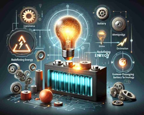 Create a detailed and realistic HD representation of the concept 'Redefining Energy with Emergent Game-Changing Battery Technology'. Include visuals such as gears, electricity symbols, a model of an innovative battery, and a glowing light bulb to symbolize the transformative impact of this technology on the energy sector.