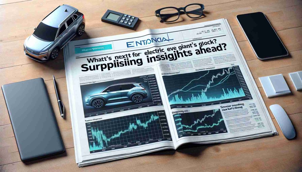 Create a high-definition, realistic image of a financial newspaper headline and article discussing the future prospects of a prominent electric vehicle company's stock. The headline reads: 'What's Next for Electric Vehicle Giant's Stock? Surprising Insights Ahead'. Add financial graphs and charts related to stock prices, alongside some images of their latest electric vehicle models.