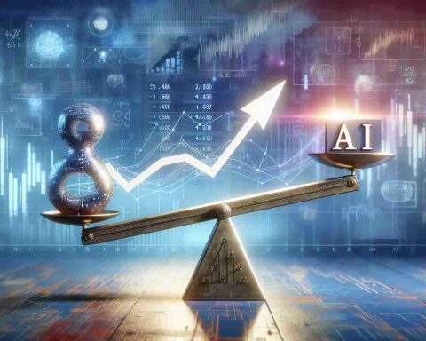 A realistic high definition image representing the soaring valuation of a hypothetical AI technology company symbolized by an arrow shooting up into the sky, against a backdrop of financial symbols and charts. The query of whether the future of AI is at stake, is suggested by a see-saw with 'AI' written on one end and 'Future' on the other, balanced precariously on a fulcrum.