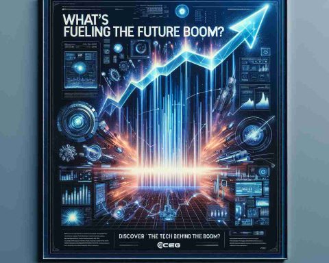 An illustrative poster with a realistic, HD aesthetic. The center of the poster features the soaring graph of 'CEG Stock', symbolizing its surge. The background is filled with elements symbolizing futuristic technology such as digital interfaces, holograms, and advanced machinery. The title 'What's Fueling the Future?' is boldly presented at the top, and the phrase 'Discover the Tech Behind the Boom' at the bottom invites viewers to learn more about the technology driving the stock boom.