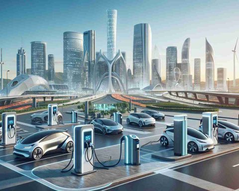 A high-definition, realistic image of a futuristic city scene, highlighting the revolution of electric vehicles (EV). The urban infrastructure is not only modern and developed but also integrated with advanced EV charging stations. The stations are designed innovatively, representing a 'Smart City' concept where technology reigns supreme. The eco-friendly vehicles of various designs are seen parked and charging. The city backdrop features sophisticated architecture, cutting-edge technology, and green initiatives - solar panels, wind turbines, etc. The 'EV revolution' has begun, subtly transforming the city's transportation infrastructure.