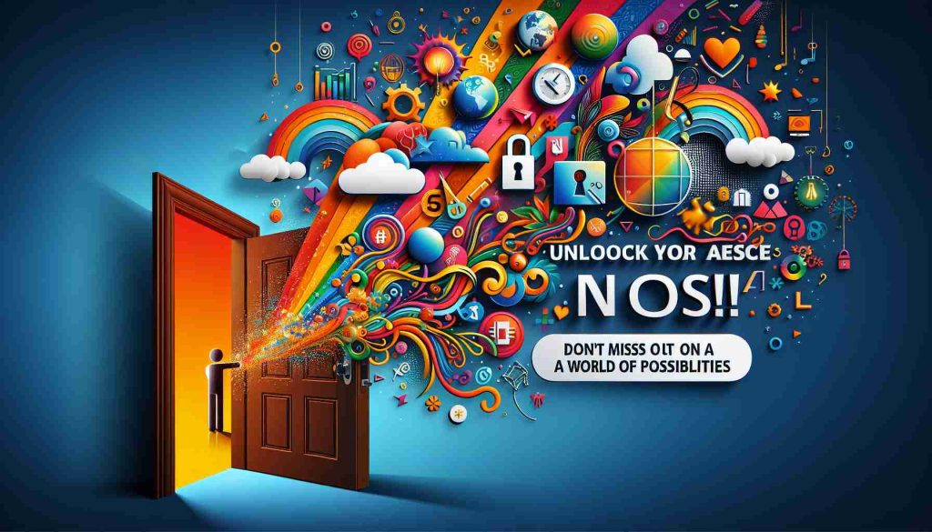 Create a high-definition image featuring the text 'Unlock Your Access Now! Don’t Miss Out on a World of Possibilities' in an attractive and engaging way. The background can be a symbolic representation of a door opening to a vibrant and versatile world full of colors, symbols, and items representing various opportunities and possibilities.