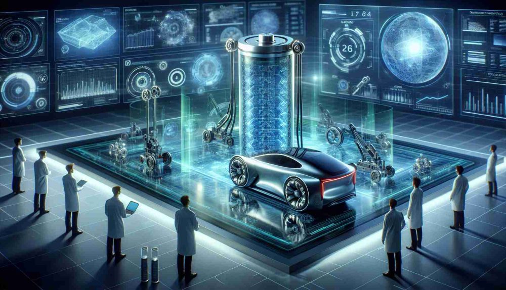 A high-definition, realistic image showcasing a new breakthrough in battery technology. The visual should hint at a future where electric vehicles have evolved significantly due to this innovation. The main focus of the image should be a futuristic, high-tech electric car battery. It could be depicted in a laboratory setting with scientists, of varying descents and genders, around it examining its design. Plausible advancement indications in the form of graphs, charts, or holographic projections depicting energy capacity, longevity, and efficiency could further emphasize the impact of this breakthrough on the future of electric vehicles.