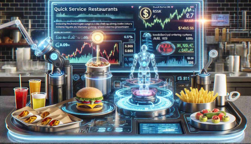 A realistic, high-definition image illustrating the future outlook of Quick Service Restaurant (QSR) stocks. It should depict innovative technologies causing a shake-up in the industry such as AI-driven cooking equipment, touchscreen ordering systems, and advanced payment methods. Please also show stocks performance on a futuristic digital stock market board.