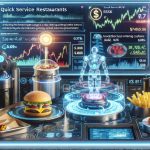 A realistic, high-definition image illustrating the future outlook of Quick Service Restaurant (QSR) stocks. It should depict innovative technologies causing a shake-up in the industry such as AI-driven cooking equipment, touchscreen ordering systems, and advanced payment methods. Please also show stocks performance on a futuristic digital stock market board.