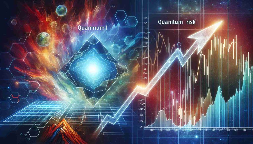 Create an illustrated concept of Quantum Leap and Quantum Risk. The image should evoke the energy and high-stakes nature of these abstract concepts. In another part of the image, depict an upward graph to represent a surge in stocks, labeled with the non-specific inscription 'Tech Company'. Please ensure that all representations are realistic and in HD quality.