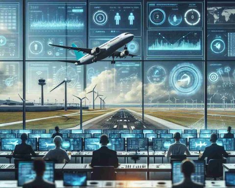 Generate a high-definition, realistic depiction of the future of flight influenced heavily by data analytics, showing a high-tech control room with operators monitoring various screens displaying analytical data related to aviation. Include elements of sustainability like wind turbines and solar panels in the backdrop of a clean, green airport. Show a modern, fuel-efficient airplane taking off, visually communicating the message that safety and sustainability can coexist in the future of aviation.