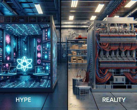 An image with two sides, on one side 'Hype' is depicted as a futuristic scene with quantum computers that are embedded with holographic displays and neon lights in a technologically advanced sleek design. The other side 'Reality' showcases a modern quantum computer, installed in a science laboratory, revealing large, complex machinery with countless cables and cooling systems. The contrast sets a clear comparison between the exaggerated, sci-fi portrayal of quantum computing and the real-world, practical version of it.