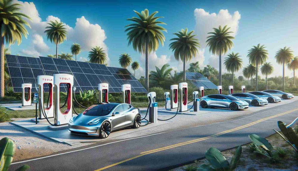 A high-definition realistic image of a revolution in electric vehicle charging stations in Florida. The scene depicts various Tesla superchargers in the foreground, set up for use, with a backdrop of scenic Florida environment. Furthermore, there are a few futuristic electric vehicles surrounding it, reminding viewers of the next phase in vehicular innovation and sustainability. Please include elements such as palm trees, clear skies, and solar panels to reflect the location and the sustainable energy narrative.