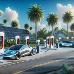 A high-definition realistic image of a revolution in electric vehicle charging stations in Florida. The scene depicts various Tesla superchargers in the foreground, set up for use, with a backdrop of scenic Florida environment. Furthermore, there are a few futuristic electric vehicles surrounding it, reminding viewers of the next phase in vehicular innovation and sustainability. Please include elements such as palm trees, clear skies, and solar panels to reflect the location and the sustainable energy narrative.