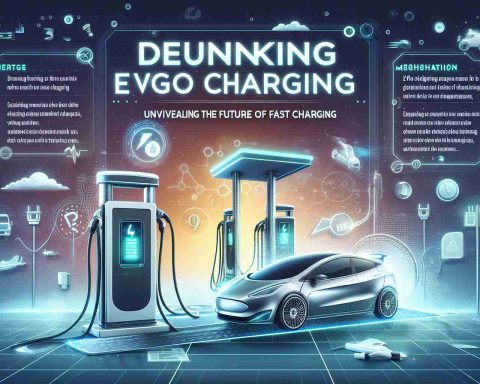 Create a high-definition, realistic illustration that represents debunking myths about EVgo Charging. Visibly demonstrate the concept of unveiling the future of fast charging. This image might contain a modern, futuristic atmosphere with symbols of charging stations and electric vehicles. Captions or texts highlighting the debunked myths could be included to clarify the message.