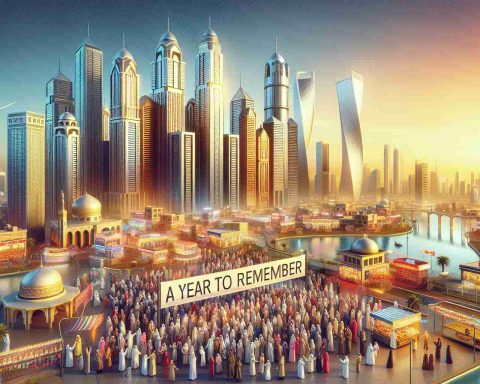 High definition, realistic image depicting the economic success of a middle-eastern country, symbolically represented by a thriving city with modern skyscrapers, bustling markets, advanced infrastructure, and happy, diverse citizens from different genders and ethnic backgrounds. This upbeat scene is designed to commemorate a year of significant progress and prosperity. Think along the lines of  a vivid sunset casting warm lights over the city, a banner flies with the words 'A Year to Remember' across the clear blue sky.