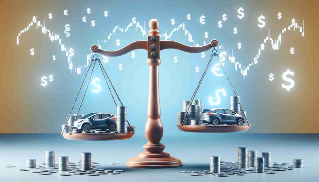 Generate a realistic HD image that symbolizes the uncertainty of the future of a hypothetical electric car company's stock. The image should depict a scale balancing two piles of coins, representing possible rises and falls in stock value.