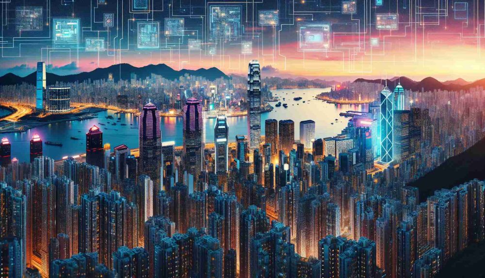 Generate a realistic HD photo depicting Hong Kong's tech renaissance era. It should portray the city as a bustling metropolis filled with digital innovations, gleaming skyscrapers housing high-tech companies, and vibrant neon signs glowing against the twilight sky. It is assumed to be an essential digital gateway to China, featuring modern architecture harmoniously blended with traditional elements of Chinese culture, reflecting the city's unique fusion of the past and the future.