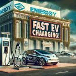 An elaborate, high definition artwork showcasing a transition in the energy industry. It includes a large energy company building in the background with a bold sign, proudly advertising 'Fast EV Charging!' There is a charging station with a modern electric vehicle plugged in, indicating the advancement in technology and focus on renewable energy. The image conveys the sense that major players in the energy field are stepping up their game, bringing about a dramatic and positive change in how energy is produced and consumed.