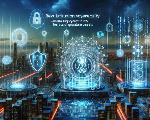 An image that depicts the concept of revolutionizing cybersecurity in the face of quantum threats. The scene could possibly include a visually stunning representation of a secure quantum network. Accompany this with symbols of defense, such as shields or barriers, to represent the security aspect. Additionally, include elements such as binary code and quantum computers to represent the technological aspect. All elements should be set in a futuristic cityscape to highlight the advanced nature of the topic. Ensure all these elements are represented in high definition for a realistic feel.