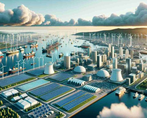 High-definition rendering of Belfast Harbour, envisioning a future of clean and sustainable energy. This concept includes solar panels, wind turbines, and other green technologies scattered throughout the port. The backdrop showcases a cityscape under a cloudy sky, with space dedicated to infrastructures supporting eco-friendly initiatives and renewable energy solutions, marking the start of a new era of sustainable growth.