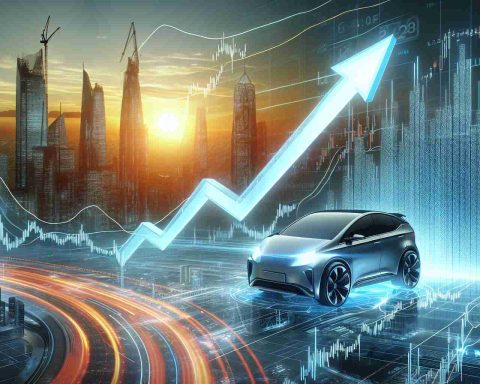 A realistic HD representation of a soaring stock graph, symbolizing the rise in value of a major electric vehicle company. The background shows a futuristic cityscape, representing the technologically advanced future we envision.