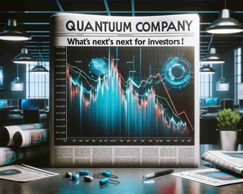 Generate a realistic high-definition image showcasing a declining stock graph with the title 'Quantum Company's Stock Takes a Hit! What's Next for Investors?' prominently displayed as a newspaper headline. The backdrop could incorporate financial symbols and a serious atmosphere to reflect the concern of the investors.