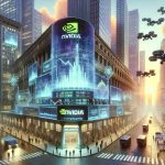 An envisioned futuristic illustration of Wall Street. The image is filled with tall skyscrapers and digital screens flashing stock market numbers. A giant billboard is displaying Nvidia's logo, representing their role in the quantum computing era. The atmosphere is high-tech and sophisticated, with quantum computers and AI bots dispersing various financial predictions. Drones air-transporting documents and commuting businessmen with augmented reality glasses, combine traditional and advanced technology. A glow of sunrise against the metallic skyline signifies the dawn of this technological revolution on Wall Street.