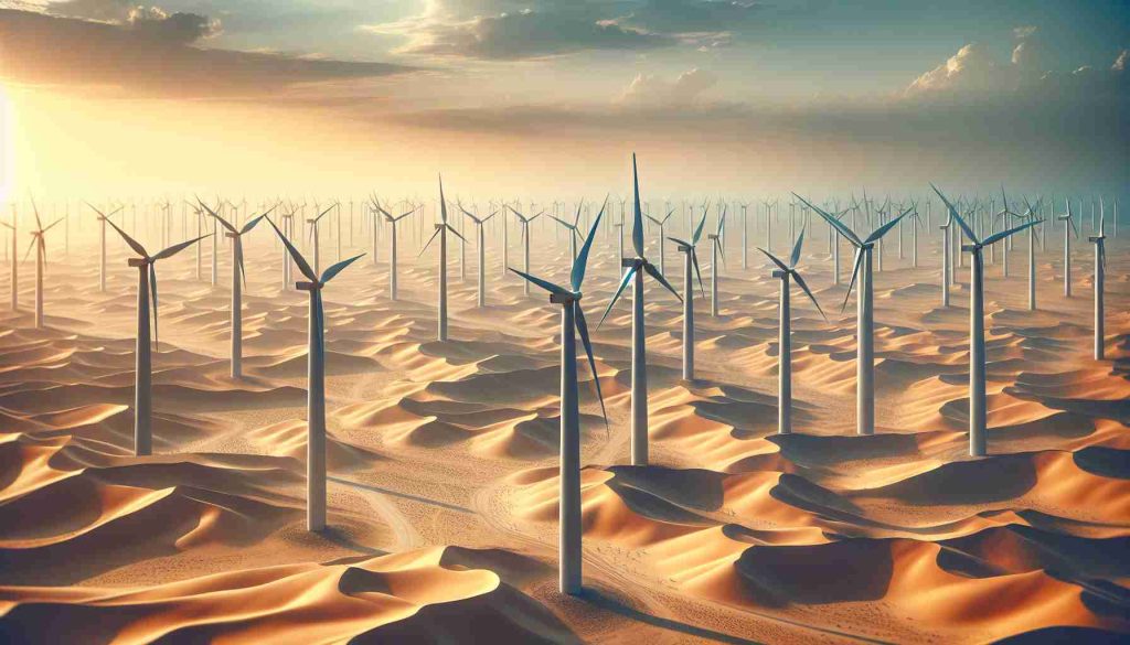 High-definition, realistic image of a vast wind farm in Egypt. Illustrate the array of towering wind turbines spread across the sandy landscape, creating a stir of technological advancement in renewable energy against the backdrop of the classic Egyptian sand dunes and the clear blue sky. Indicate the visual representation of a major investment in the country's renewable future suggesting a potentially transformative shift in energy production.